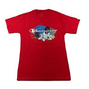 Champion‎ Floral Outlines Logo Graphic T-Shirt Mens Medium Scarlet Red NEW